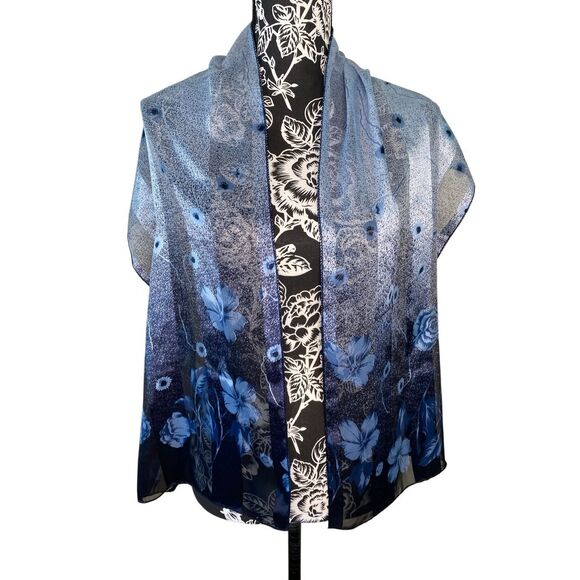 Sheer Blue Ombre Floral Scarf Wrap Lightweight Printed Shawl Soft Accessory - Picture 5 of 8